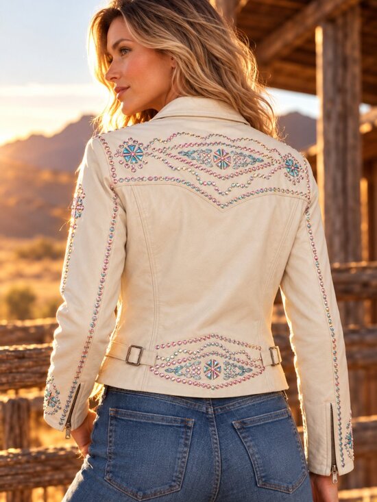 Cripple Creek Jackets & Blazers - CRIPPLE CREEK Off White Leather Rhinestones Embellished Blingy Jacket S Small